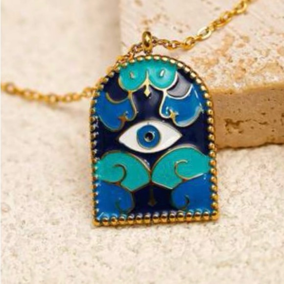 Window to Your Soul Evil Eye Mosaic Arched Stained Glass Cloud 18K Gold Necklace